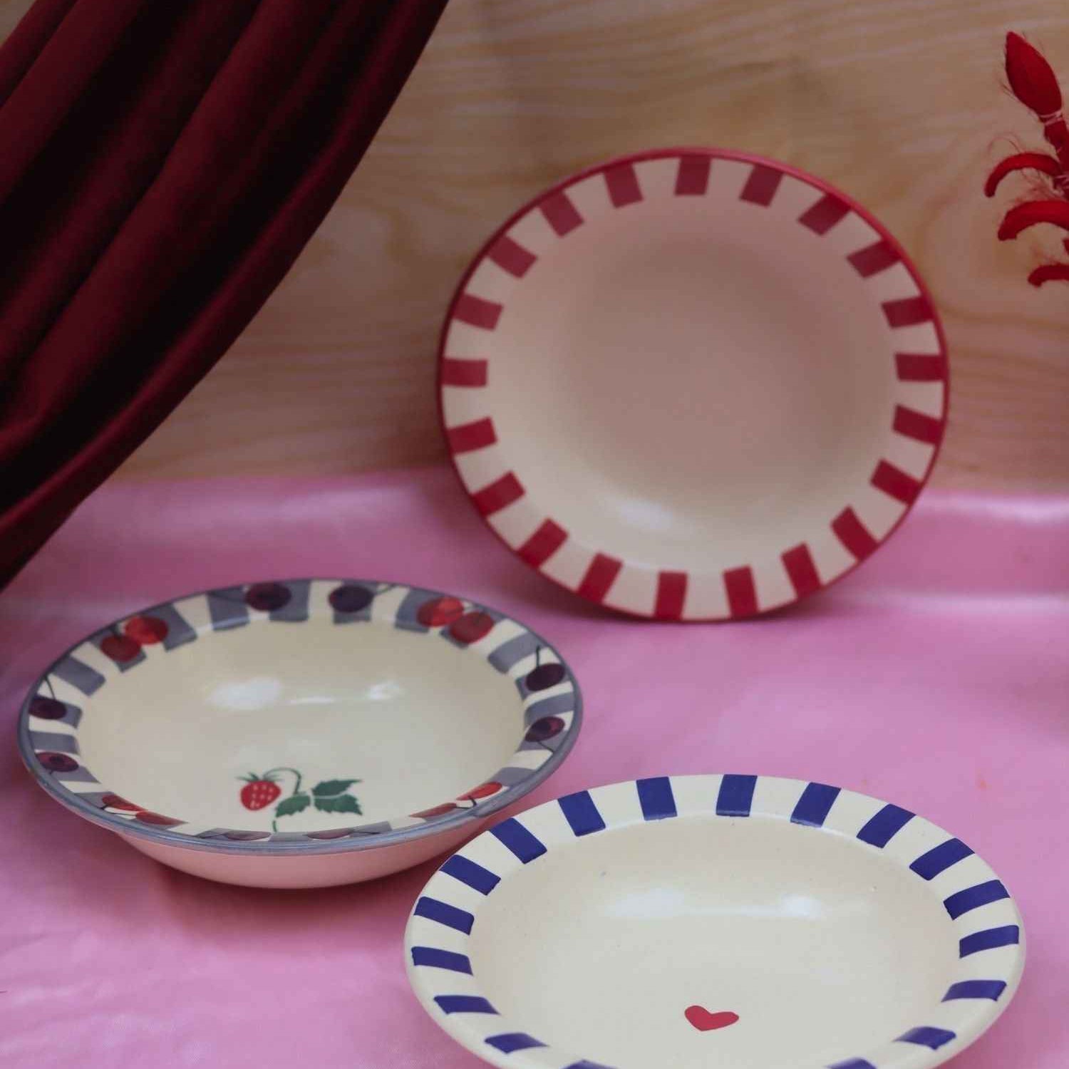 Set of 3 - Striped &  Cherry pasta plates combo