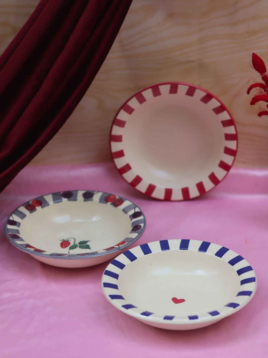 Set of 3 - Striped &  Cherry pasta plates combo