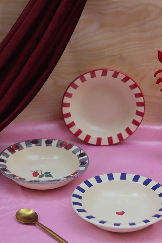 Set of 3 - Striped &  Cherry pasta plates combo