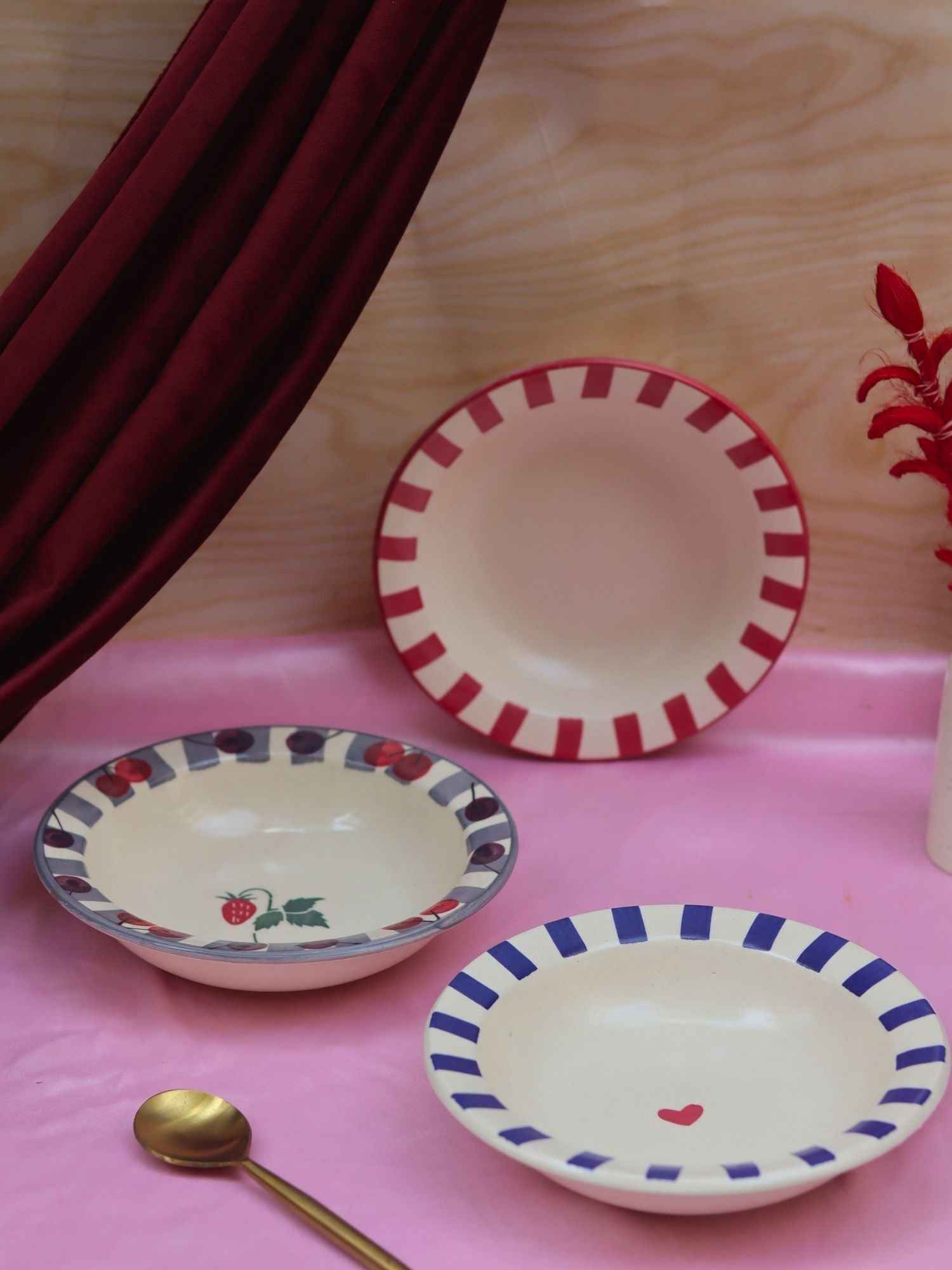Set of 3 - Striped &  Cherry pasta plates combo