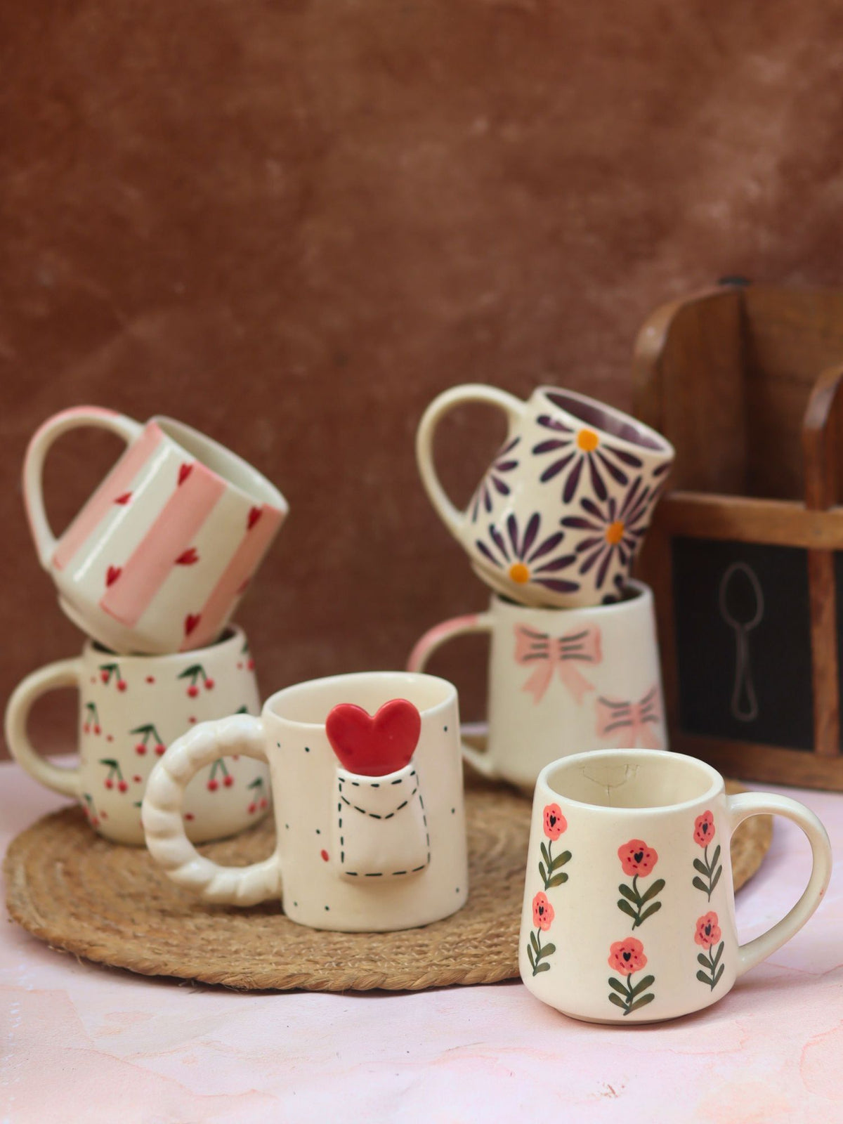Set of 6 Blooming Hearts Mugs (for the price of 5) handmade in India