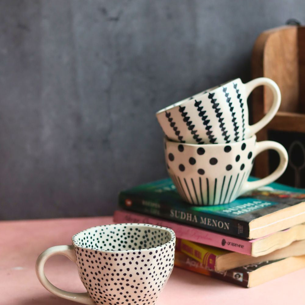 handmade Black Crosses, Black Lines meet Polka & Black polka Mug  - Set of three