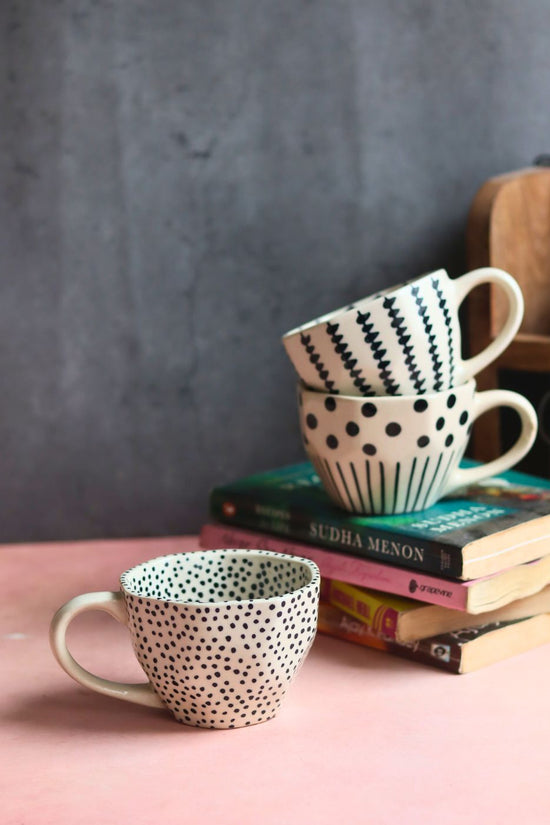 handmade Black Crosses, Black Lines meet Polka & Black polka Mug  - Set of three