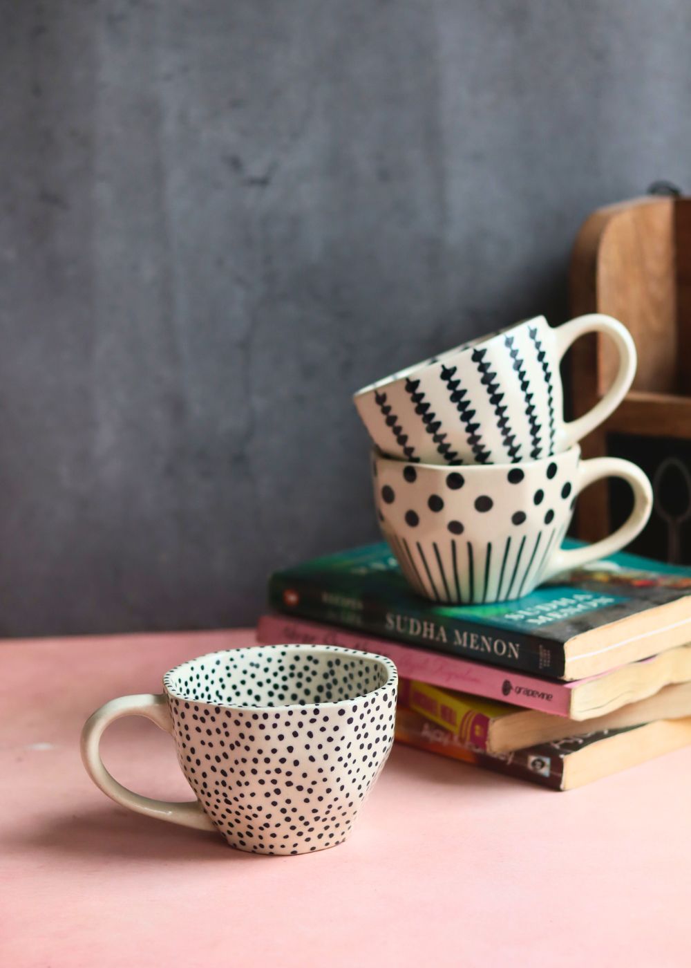 handmade Black Crosses, Black Lines meet Polka & Black polka Mug  - Set of three