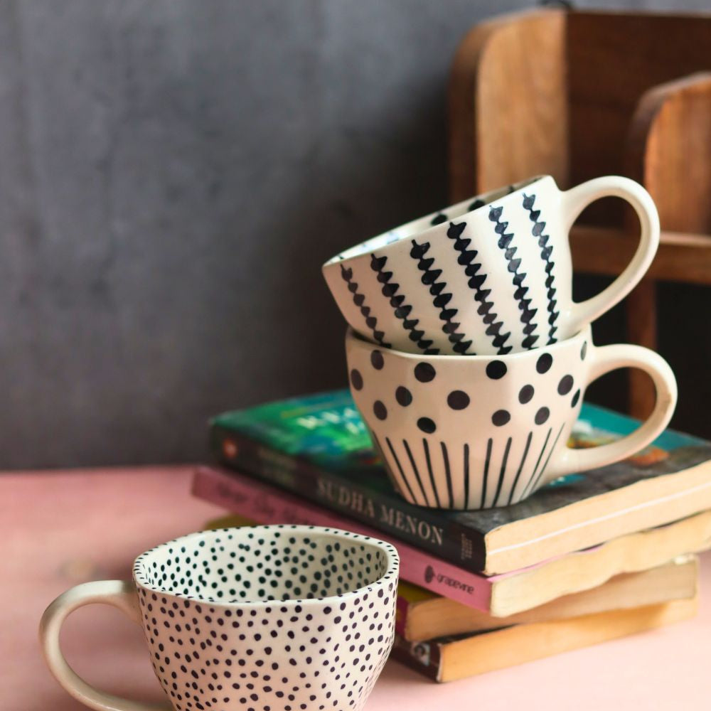 Black Crosses, Black Lines meet Polka & Black polka Mug  - Set of three made by ceramic