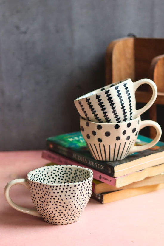 Black Crosses, Black Lines meet Polka & Black polka Mug  - Set of three made by ceramic