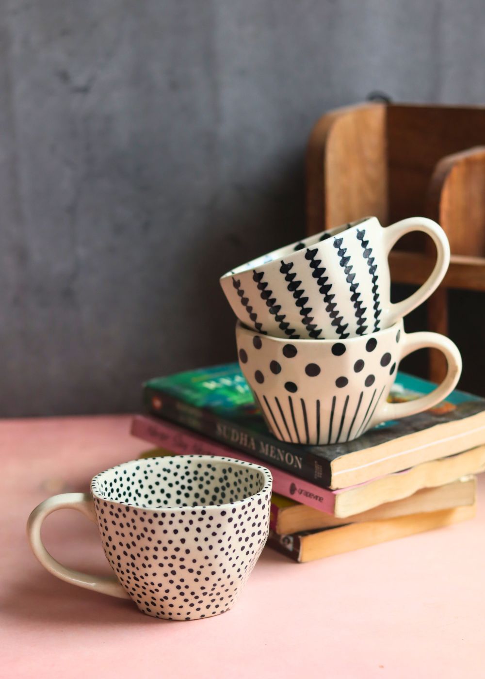 Black Crosses, Black Lines meet Polka & Black polka Mug  - Set of three made by ceramic