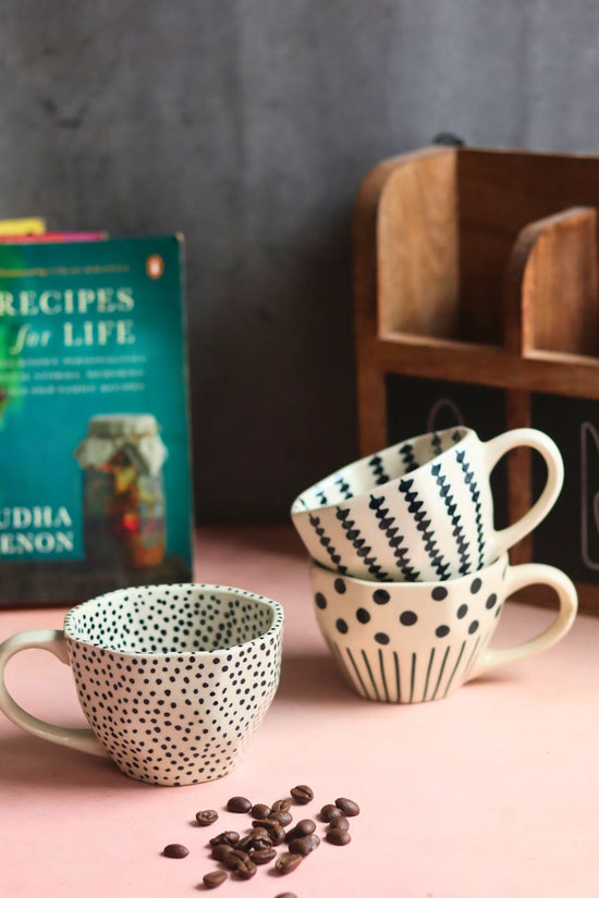 Black Crosses, Black Lines meet Polka & Black polka Mug  - Set of three handmade in India