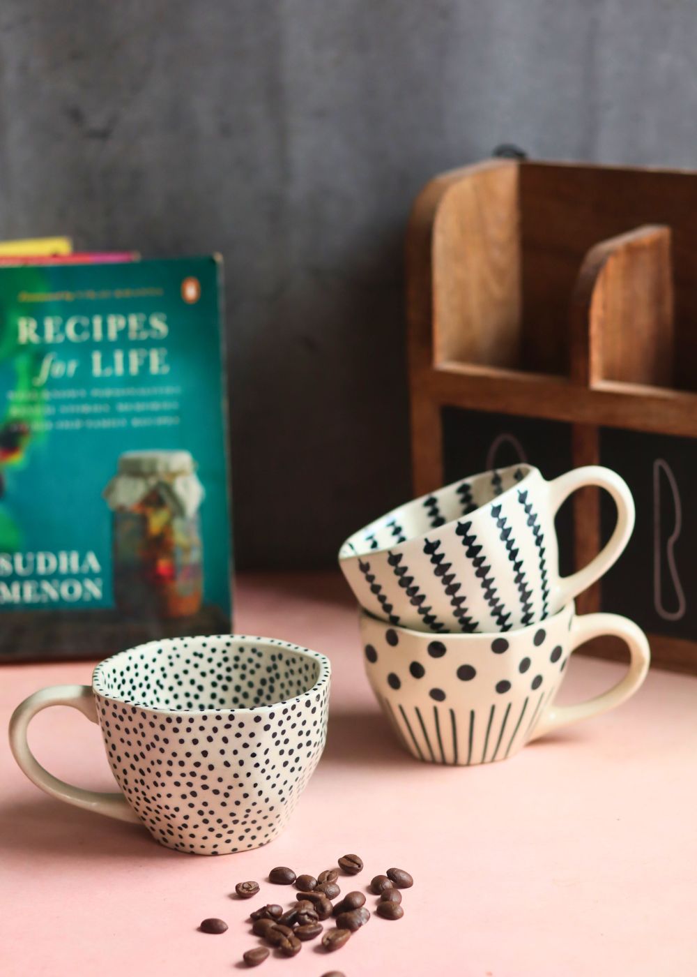 Black Crosses, Black Lines meet Polka & Black polka Mug  - Set of three handmade in India