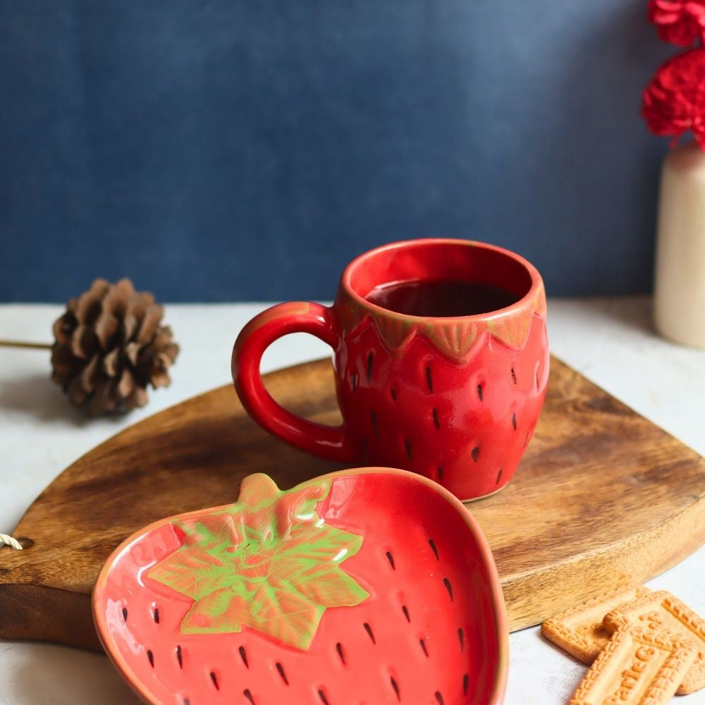 OG Strawberry Mug & Handmade Dessert Plate made by ceramic