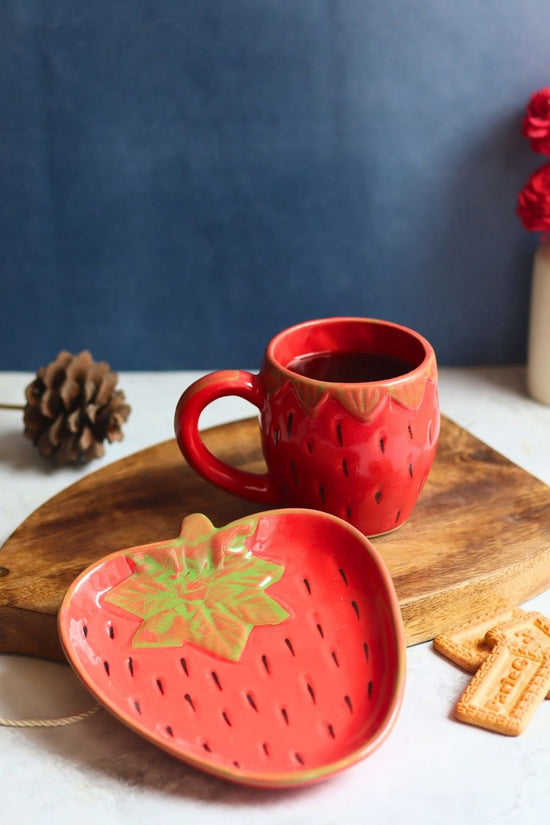 OG Strawberry Mug & Handmade Dessert Plate made by ceramic