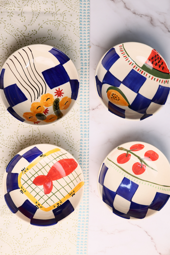 handmade blue check bowls set of four made by ceramic 
