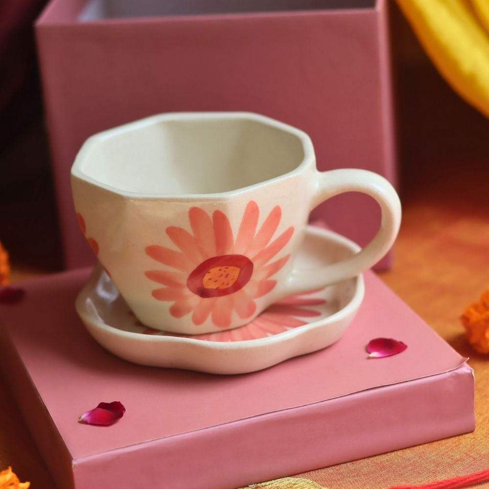 Flower Mug & Dessert Plate Rakhi Gift Box made by ceramic