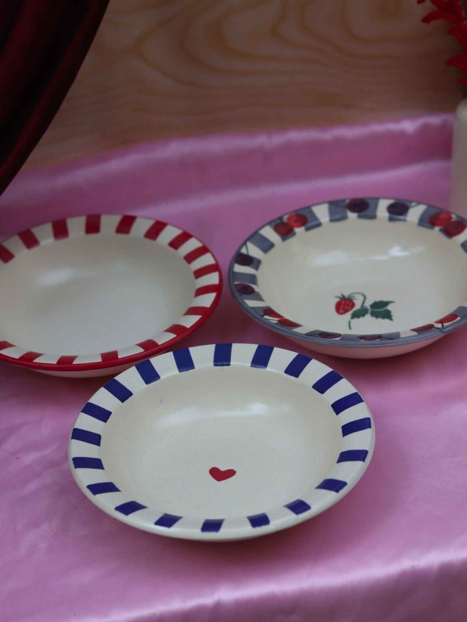 Set of 3 - Striped &  Cherry pasta plates combo