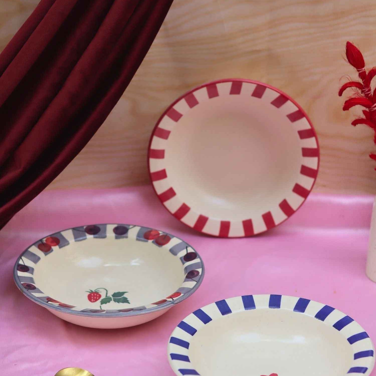 Set of 3 - Striped &  Cherry pasta plates combo