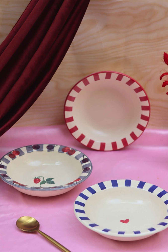 Set of 3 - Striped &  Cherry pasta plates combo