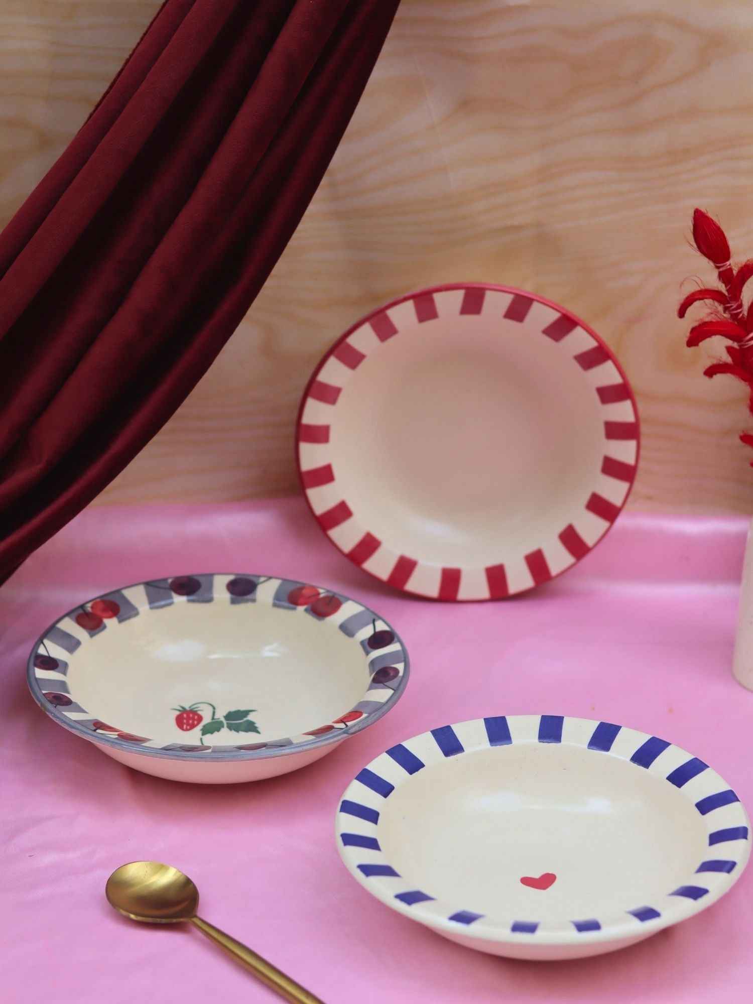 Set of 3 - Striped &  Cherry pasta plates combo