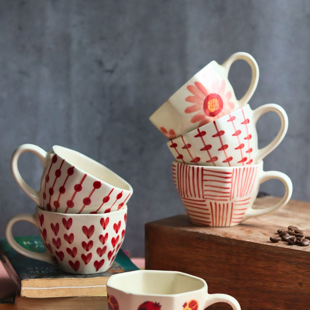 Handmade Set of 6 Heart & Polka Mugs (for the price of 5)