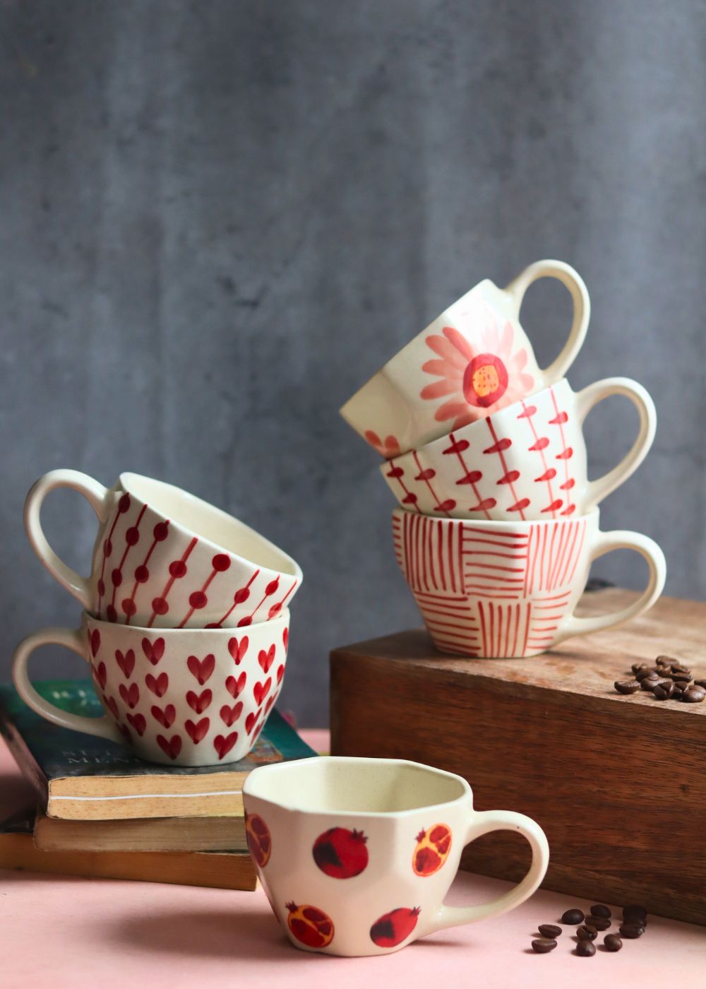 Handmade Set of 6 Heart & Polka Mugs (for the price of 5)