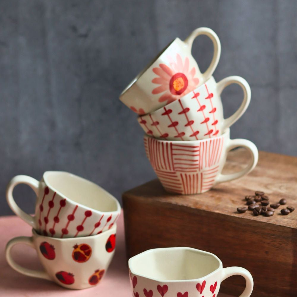Set of 6 Heart & Polka Mugs (for the price of 5) made by ceramic
