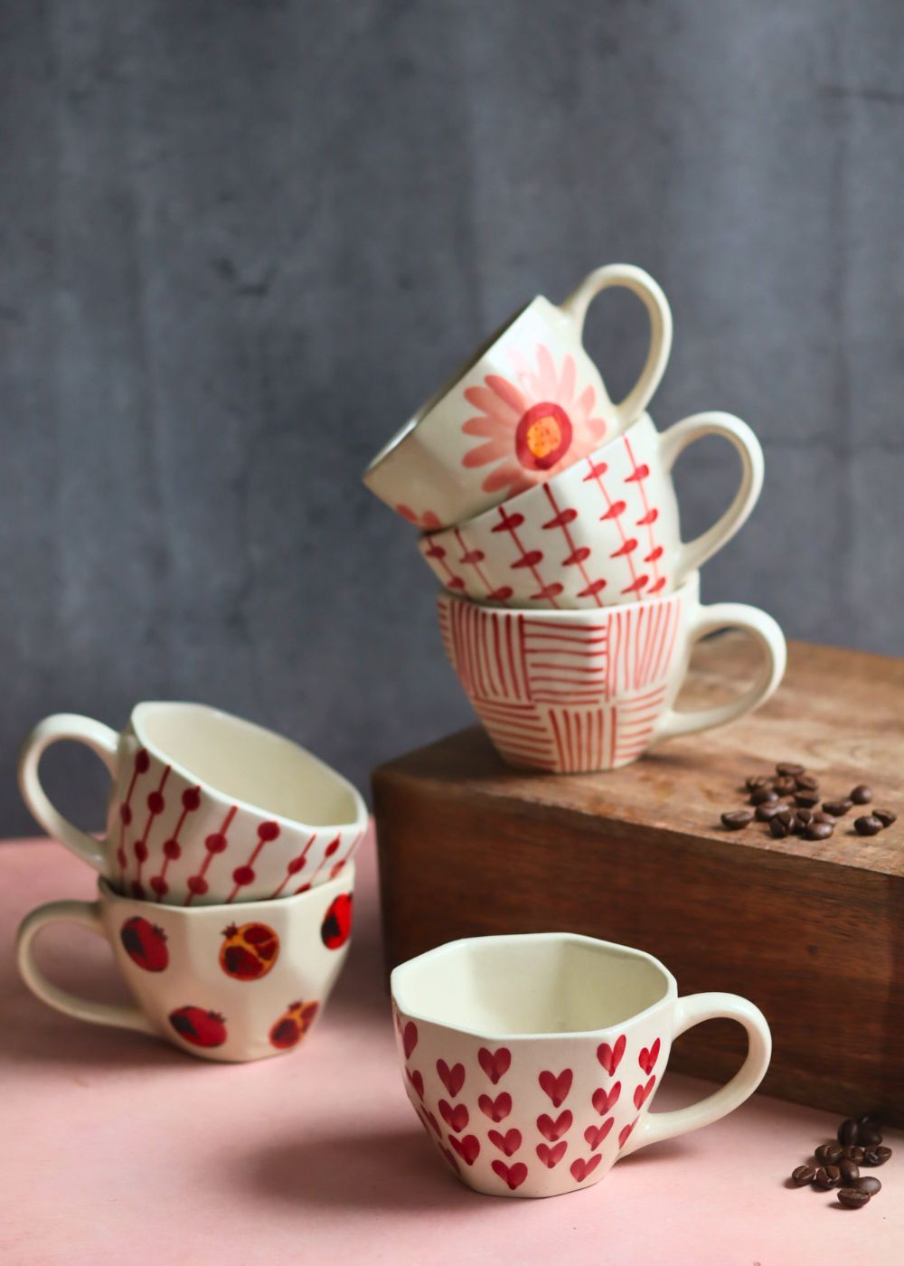 Set of 6 Heart & Polka Mugs (for the price of 5) made by ceramic