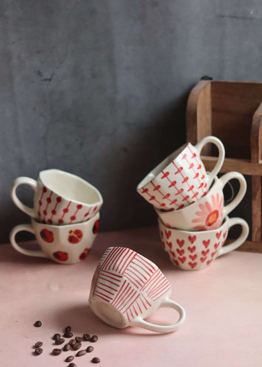 Set of 6 Heart & Polka Mugs (for the price of 5) handmade in India