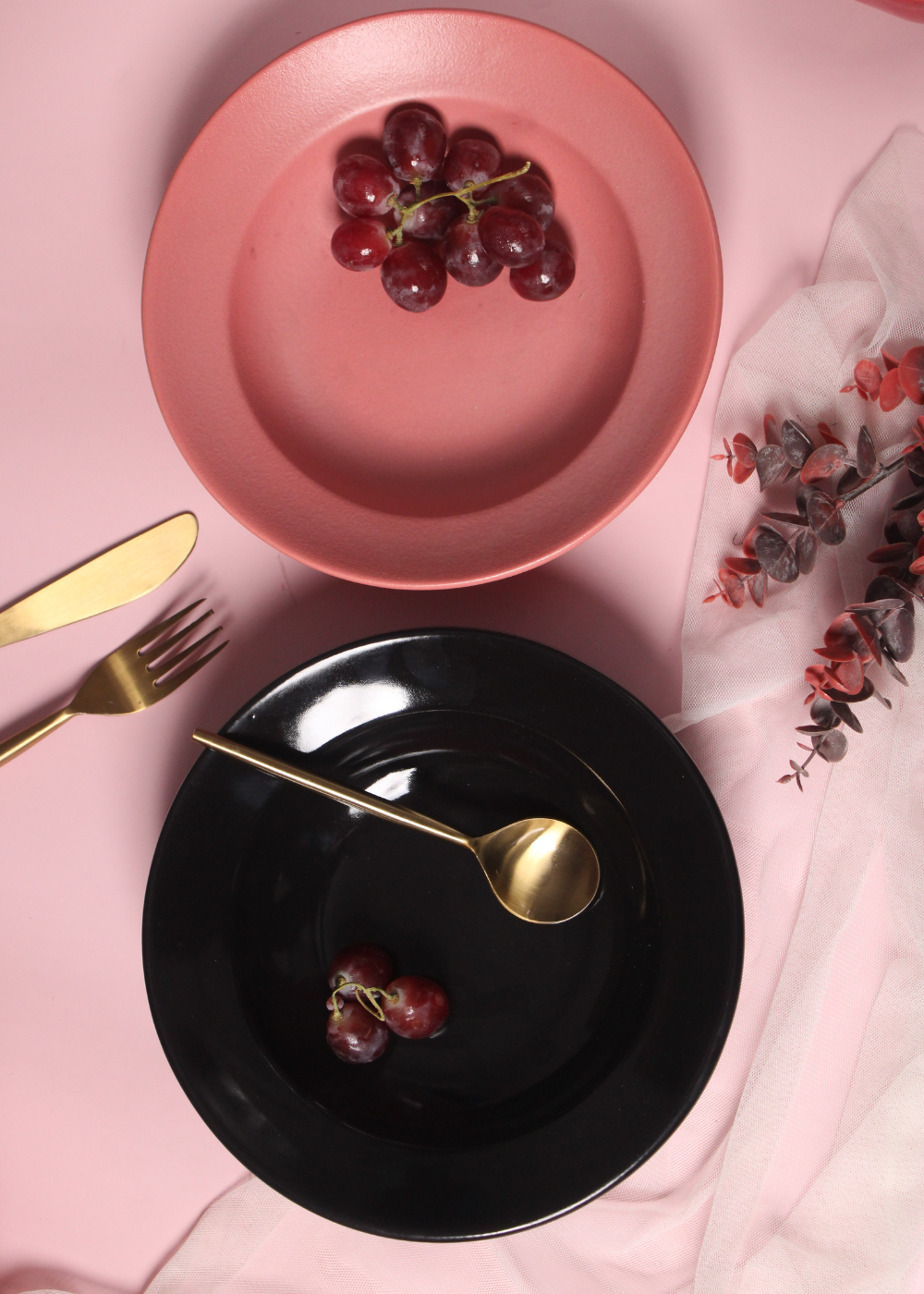handmade pink & black pasta plate with golden cutlery