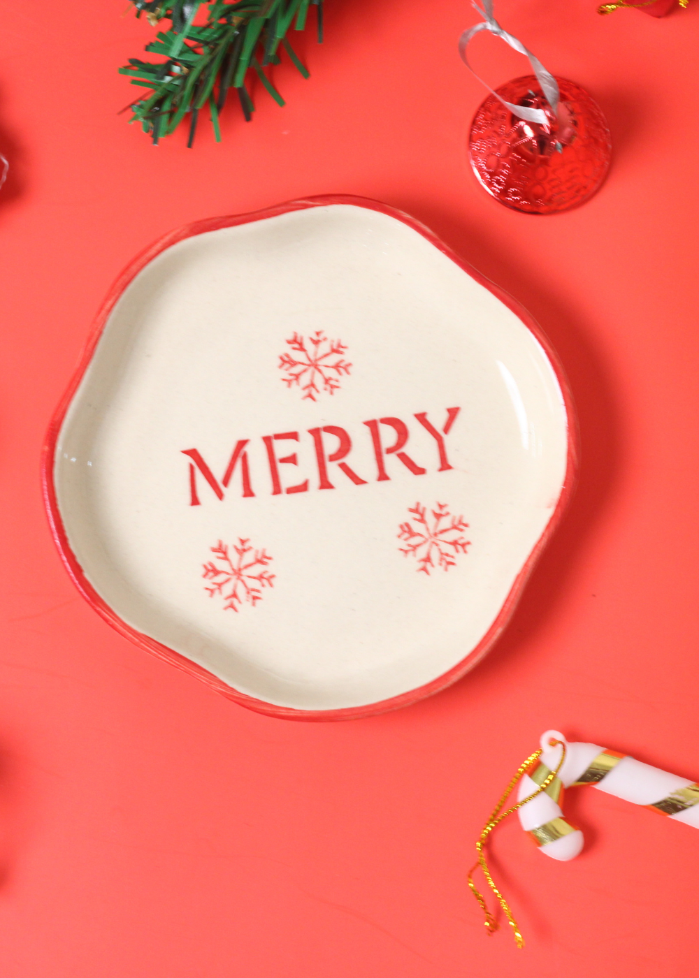 handmade merry dessert plate with snowflake design