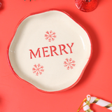 handmade merry dessert plate with snowflake design