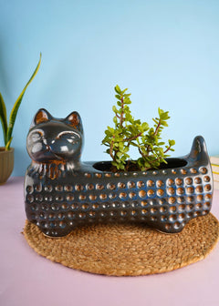 handmade metallic blue cat planter