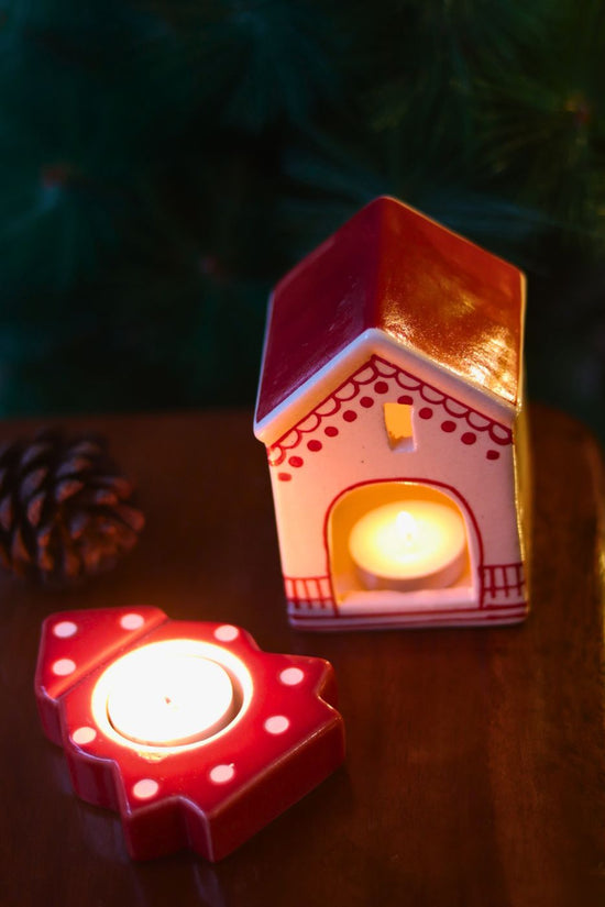 Christmas Hut & Christmas Tree tea light Holders handmade in india