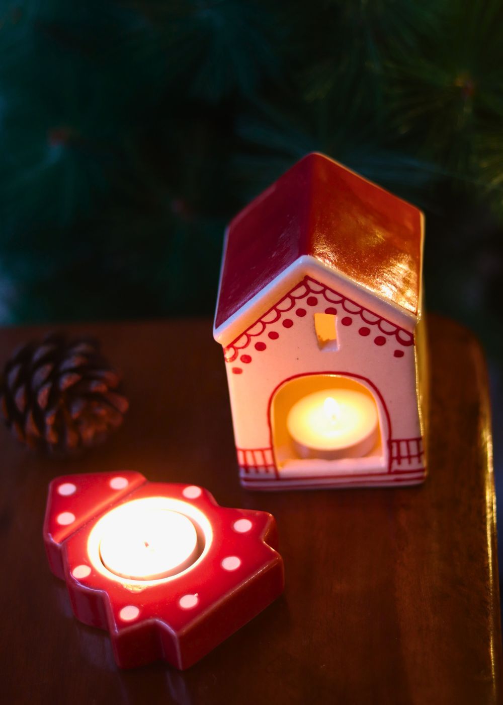Christmas Hut & Christmas Tree tea light Holders handmade in india