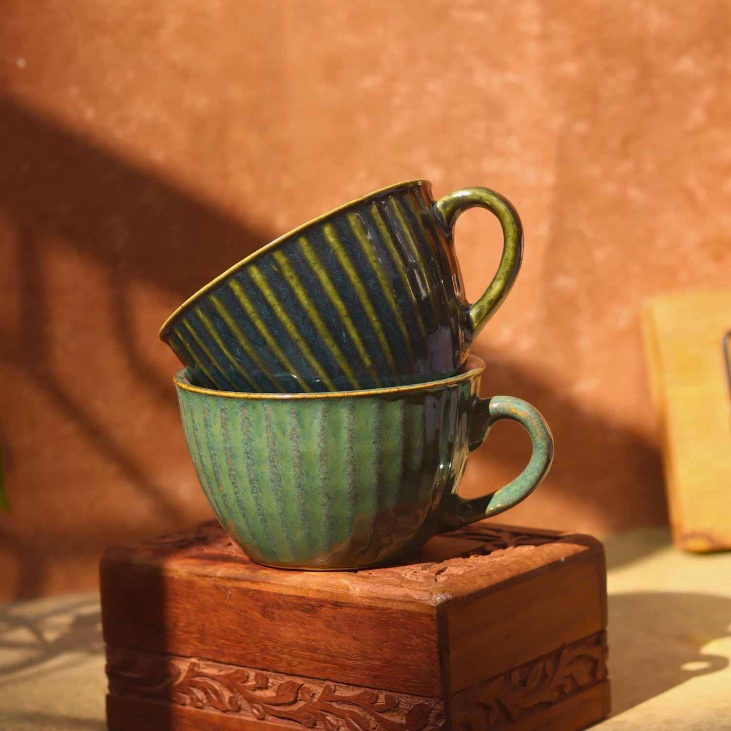 Handmade Set of 2 Cozy Soup Cup - Blue & Metallic Green