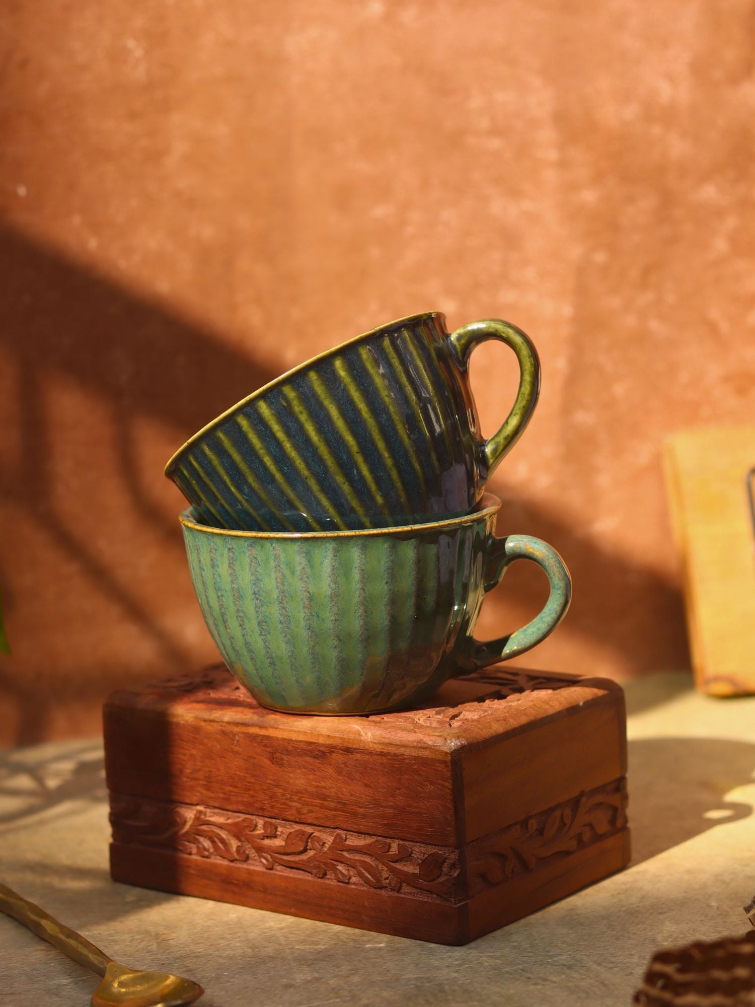 Handmade Set of 2 Cozy Soup Cup - Blue & Metallic Green