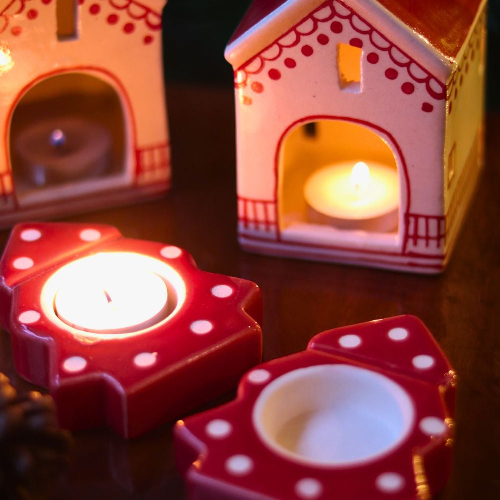 Handmade Christmas Hut & Christmas Tree tea light Holders 