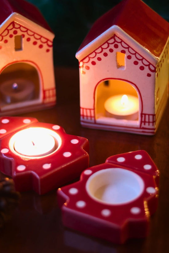 Handmade Christmas Hut & Christmas Tree tea light Holders 
