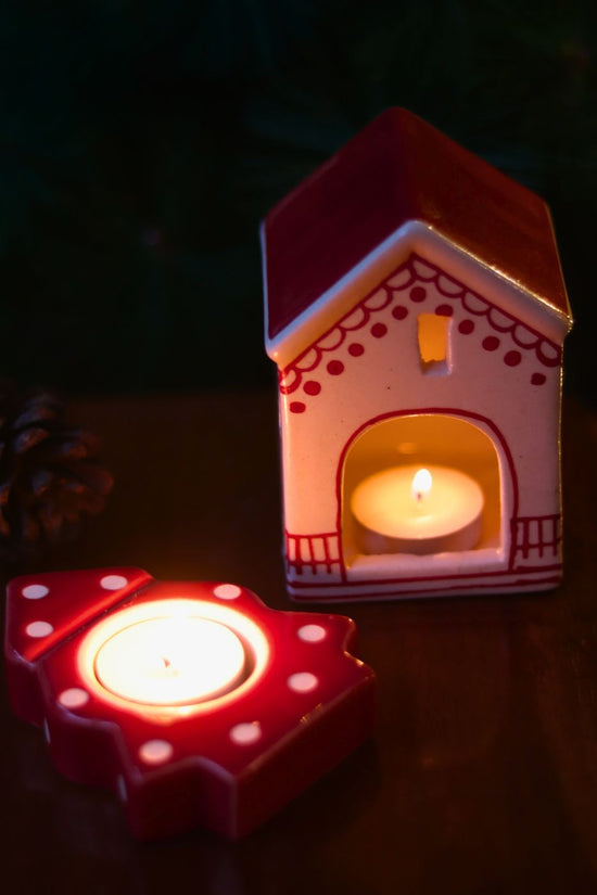 Christmas Hut & Christmas Tree tea light Holders made by ceramic