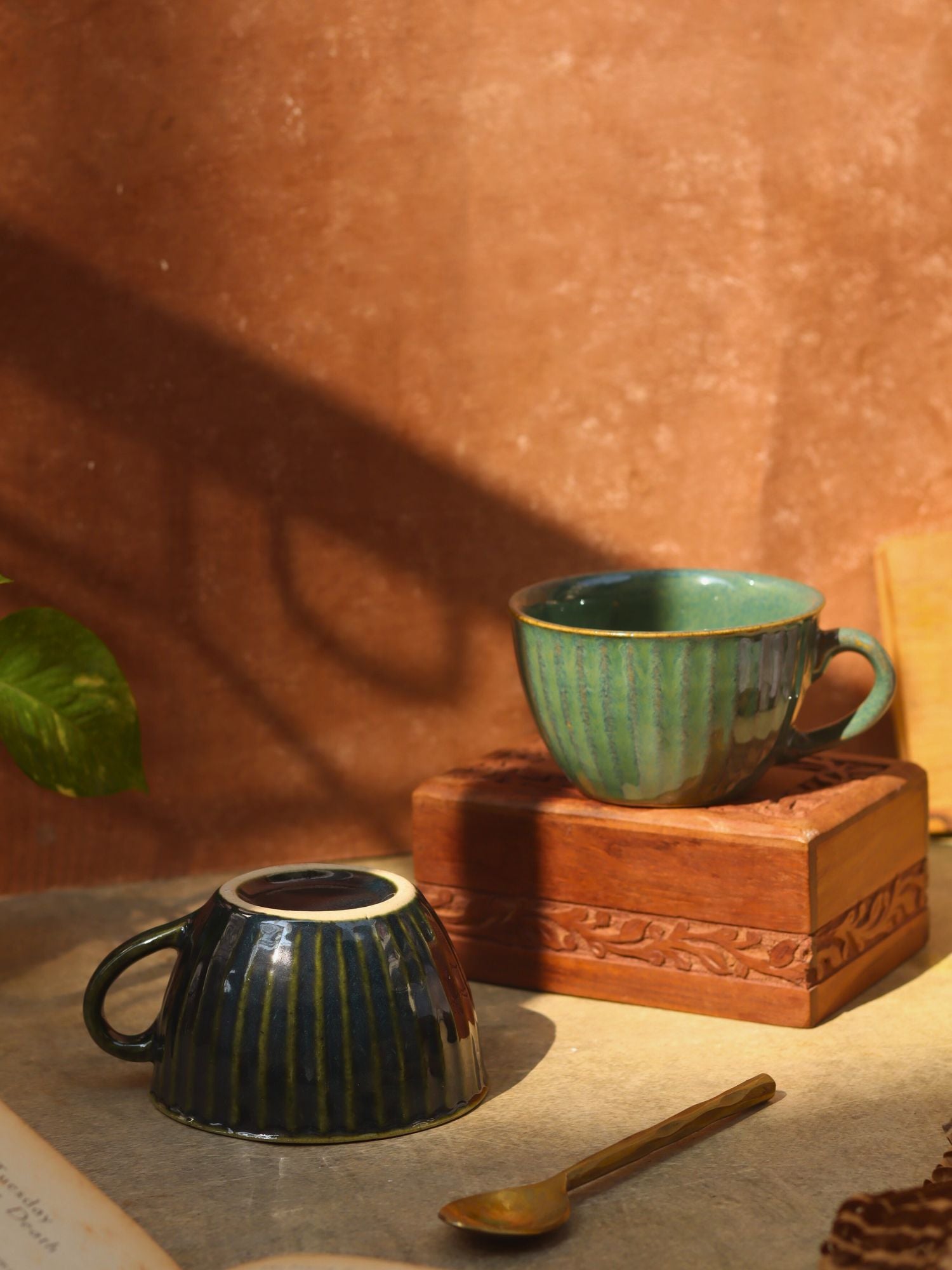 Set of 2 Cozy Soup Cup - Blue & Metallic Green handmade in India