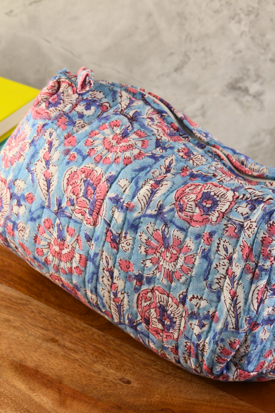Block printed blue floral toiletry bag large size