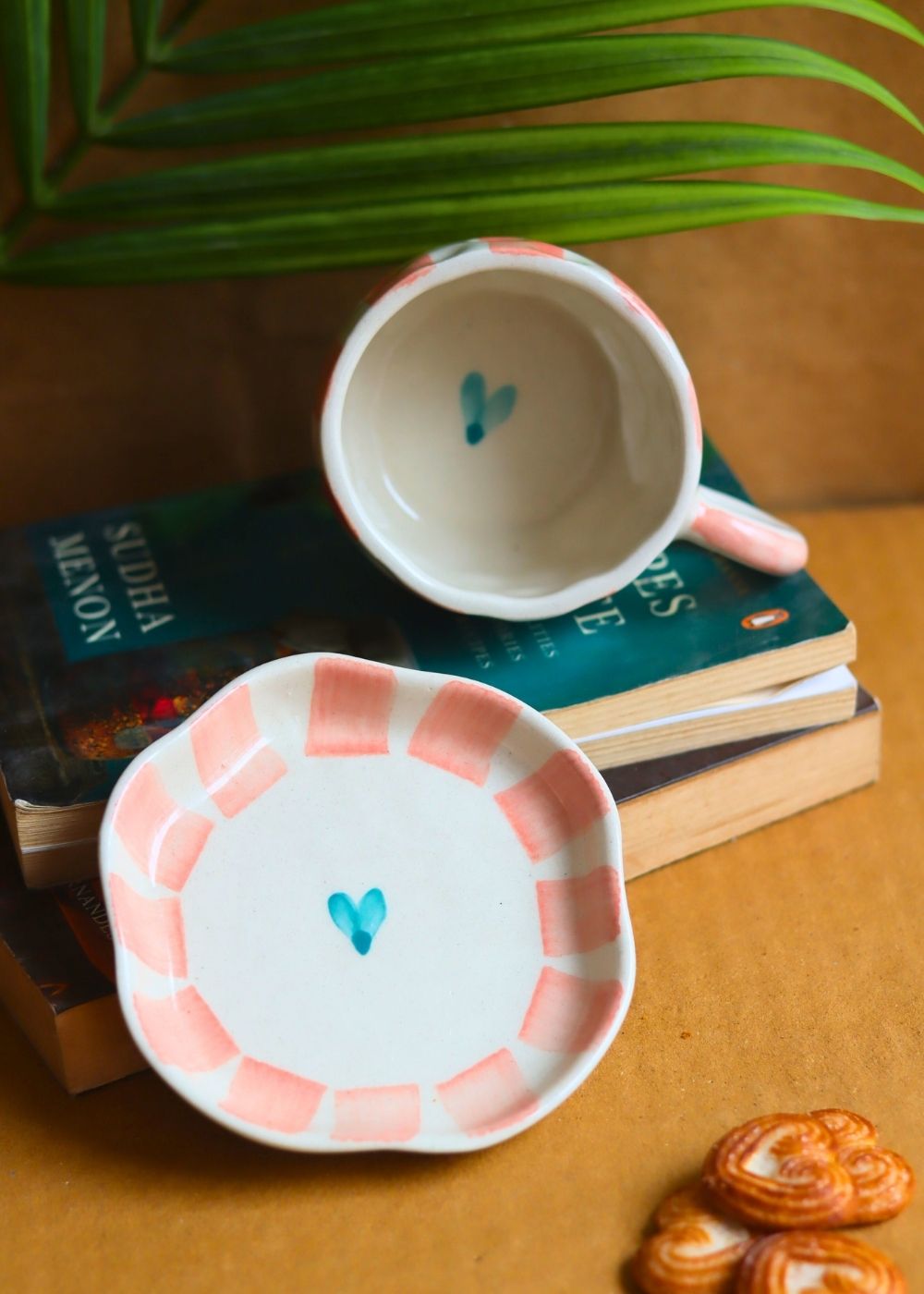 Striped  Heart Mug & Handmade Dessert Plate made by ceramic