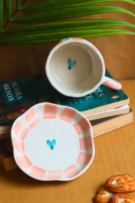 Striped  Heart Mug & Handmade Dessert Plate made by ceramic