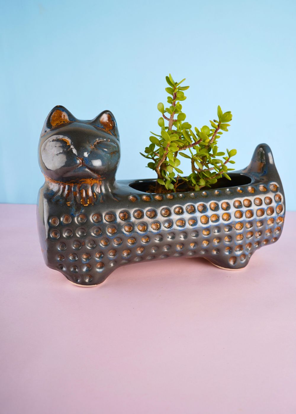 metallic blue cat planter made by ceramic 