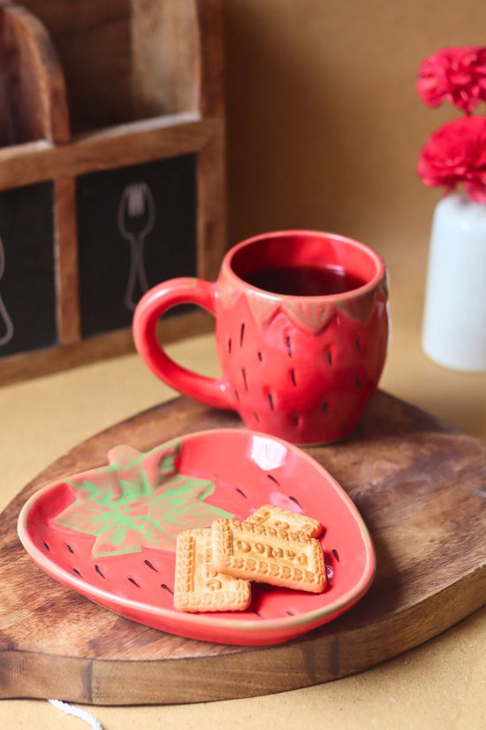 OG Strawberry Mug & Handmade Dessert Plate handmade in india