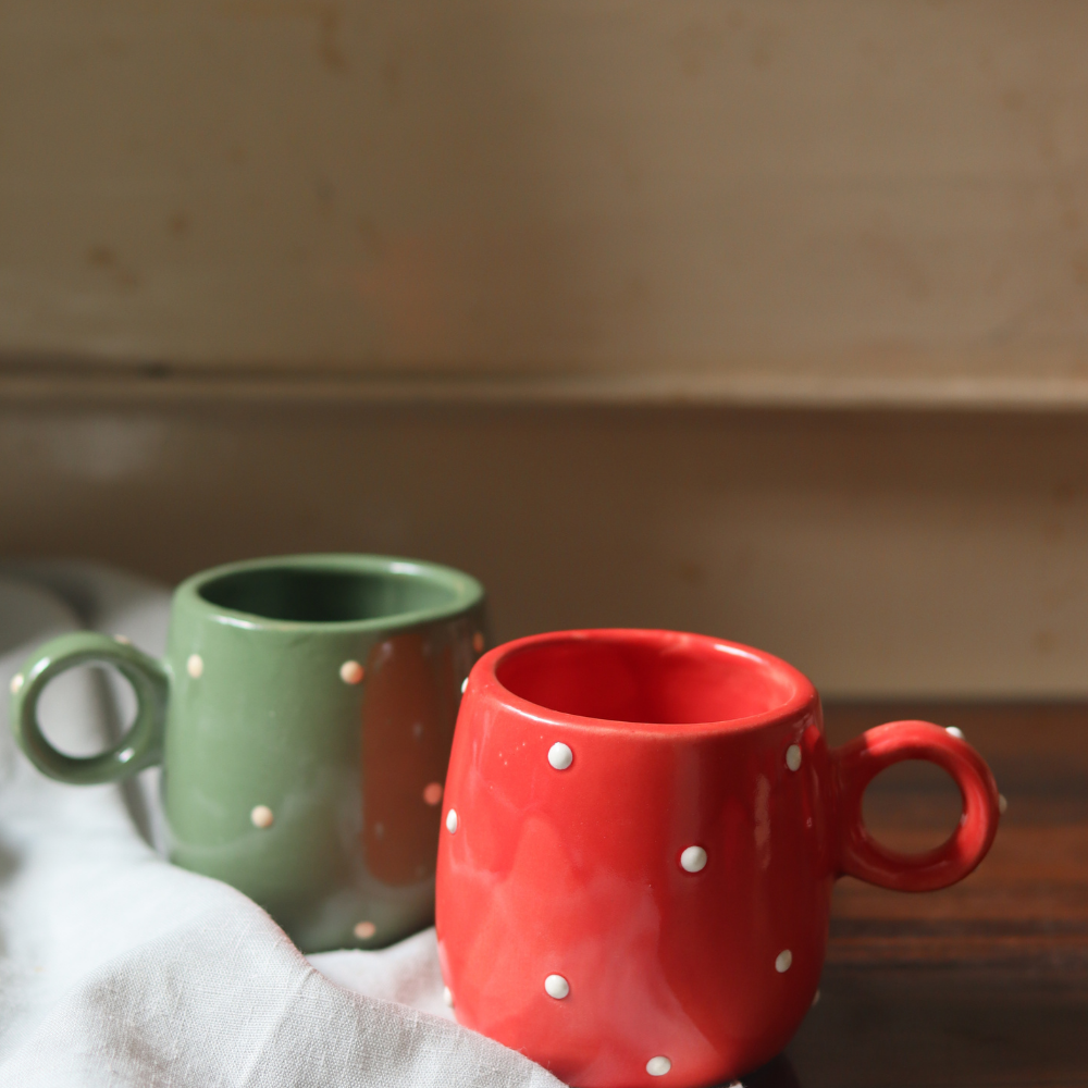 handmade red & green polka cuddle mugs set of two combo