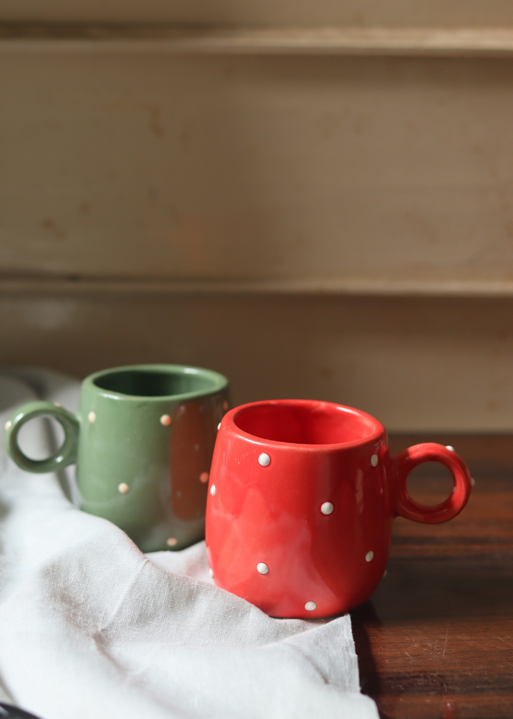 handmade red & green polka cuddle mugs set of two combo