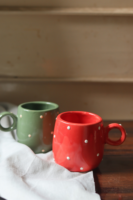 handmade red & green polka cuddle mugs set of two combo