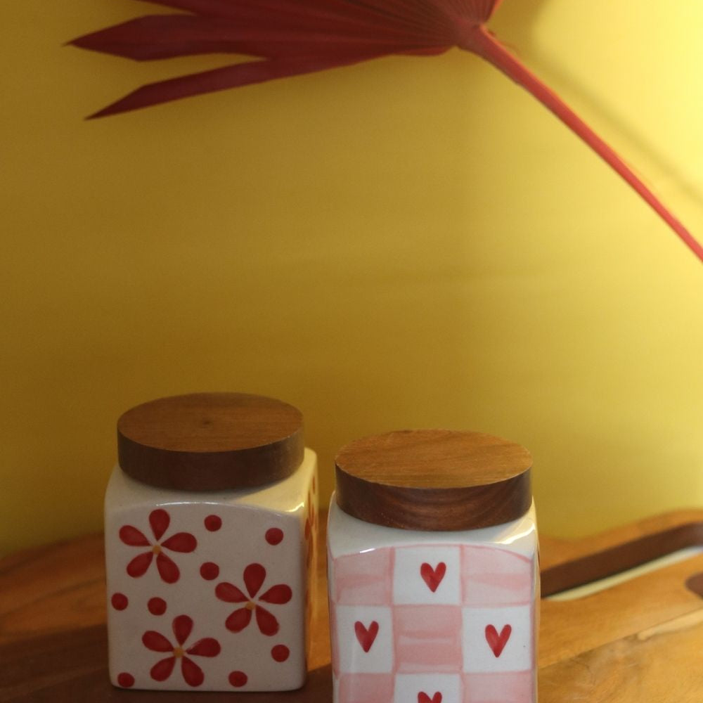 Handmade Set of 2 - Red Chequered Heart & Floral Jars