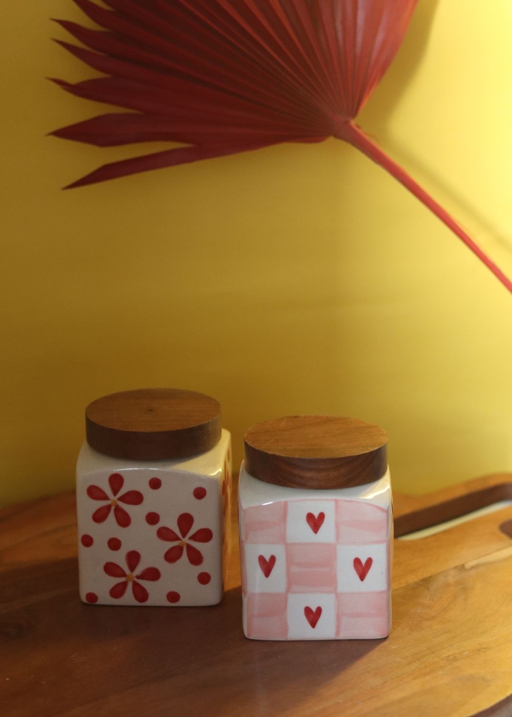 Handmade Set of 2 - Red Chequered Heart & Floral Jars