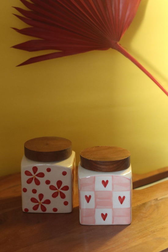 Handmade Set of 2 - Red Chequered Heart & Floral Jars