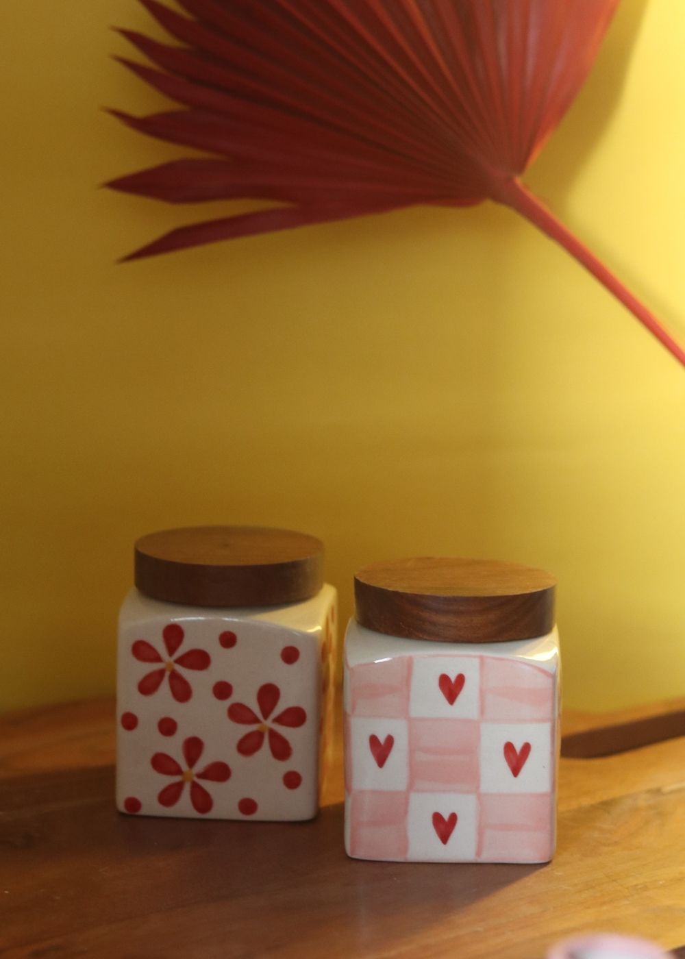 Set of 2 - Red Chequered Heart & Floral Jar made by ceramic